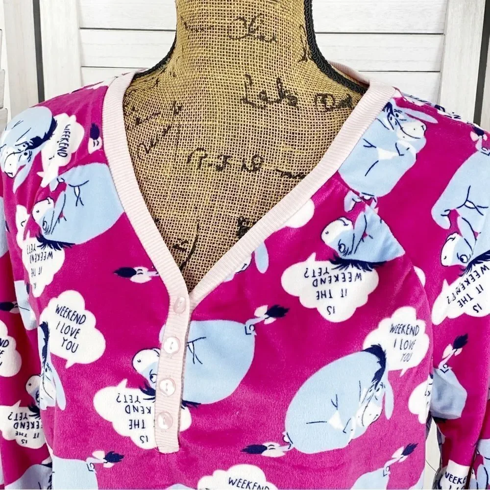 Disney Eeyore Velour Lounge Sleep Shirt Pink Medium Long Sleeve Pullover - Picture 5 of 11